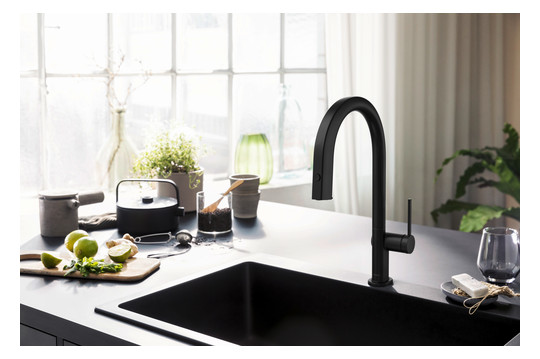 hansgrohe Spültisch-Einhebelmischer Aqittura M91 mit Ausziehauslauf, 1jet, Starter Set, mattschwarz