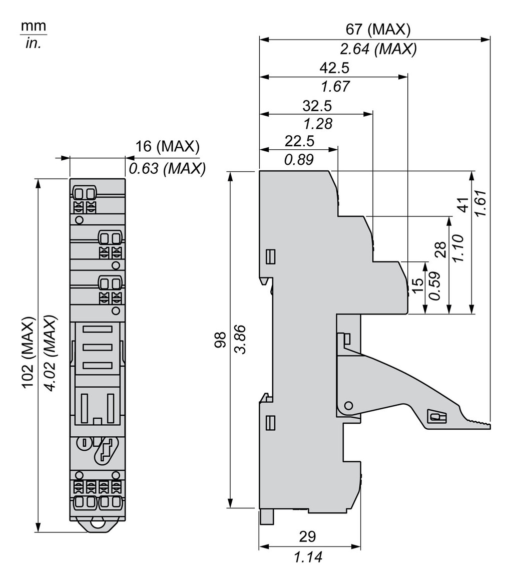 Relaissockel Federzug TS35 5Pins abn.Klemm Hutschiene TH35 16x67x98mm
