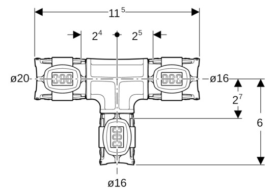 Geberit T-Stück FlowFit Ø 20 x 16 x 16 mm, reduziert, PPSU