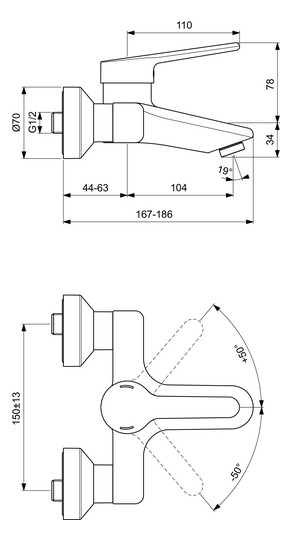 Ideal-Standard Wand-Waschtisch-Einhebelmischer CeraPlus AP, Ausladung 104mm, DN 15, chrom