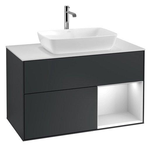 V&B Waschtisch-Unterschrank Wandbeleuchtung Finion 100cm, Abdeckplatte white matt, Regal White matt lacquer, Midnight Blue Matt Lacquer