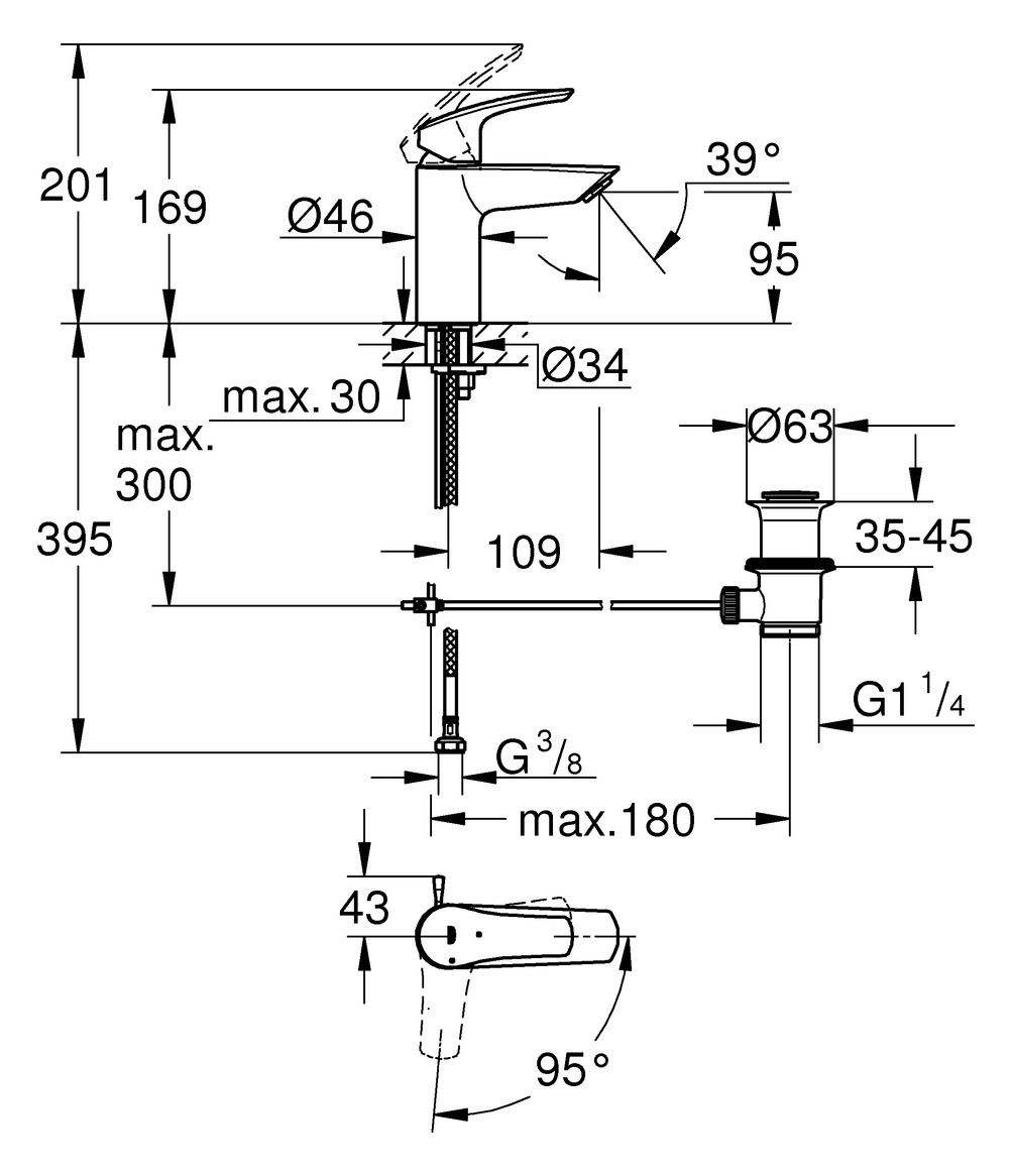 GROHE Waschtisch-Einhebelmischer Eurosmart 1/2", S-Size, mit Zugstangen-Ablaufgarnitur, Mittelstellung kalt, chrom