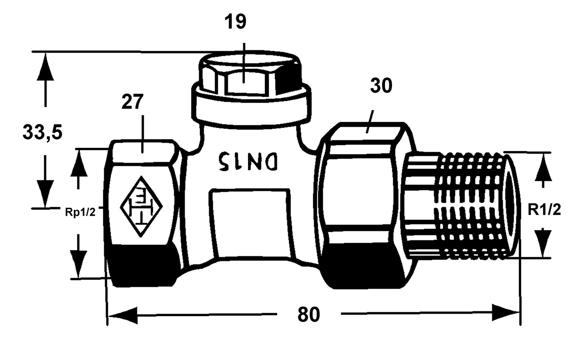 Heimeier Rücklaufverschraubung Regulux DN 15, Rp 1/2 x R 1/2, Durchgang, mit Voreinstellung, Entleerung, Rotguss