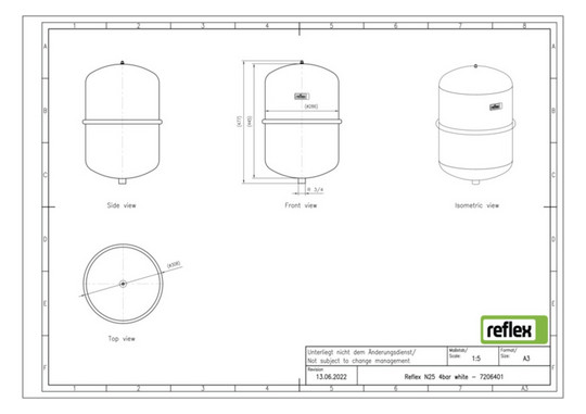 Reflex Membran-Druckausdehnungsgefäß N N 25, 4 bar/70 °C, R 3/4, weiß