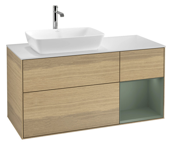 V&B Waschtisch-Unterschrank Finion 120cm, Abdeckplatte white matt, Regal Olive matt lacquer, Oak Veneer