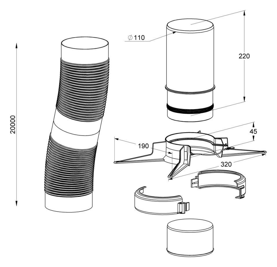 MHG Schacht-Rohr Atec DN 110, 20 m, flexibel, mit Montageset, für Abgasleitung