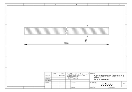 ASW Gewindestange M 8 x 1000 mm, Edelstahl 1.4301 DIN 975