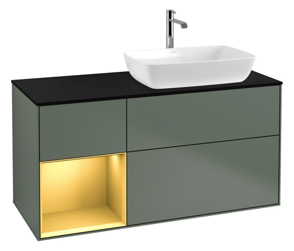 V&B Waschtisch-Unterschrank Finion 120cm, Abdeckplatte black matt, Regal Gold matt lacquer, Olive Matt Lacquer