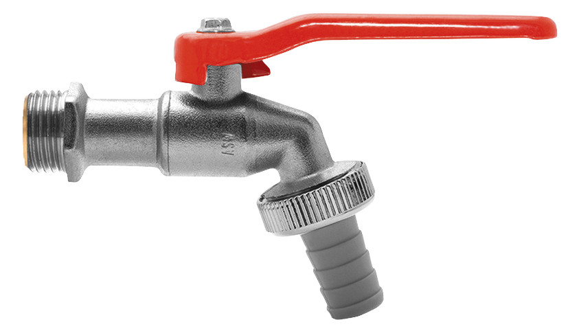 ASW Kugel-Auslaufventil 3/4", Griff rot, Messing CW617N matt verchromt, mit Schlauchverschraubung