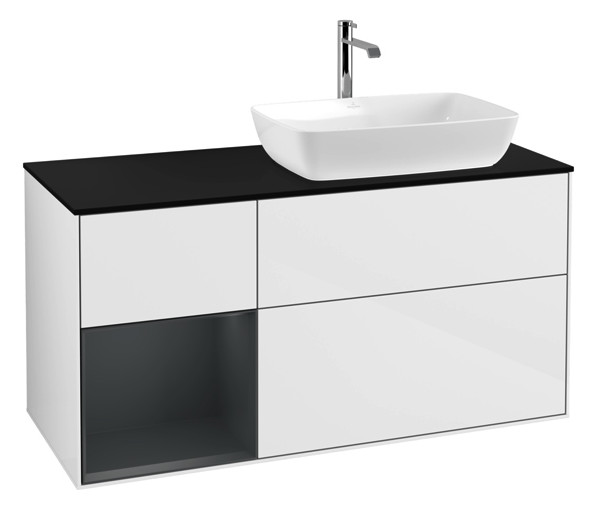 V&B Waschtisch-Unterschrank Finion 120cm, Abdeckplatte black matt, Regal Midnight matt lacquer, Glossy white lacquer