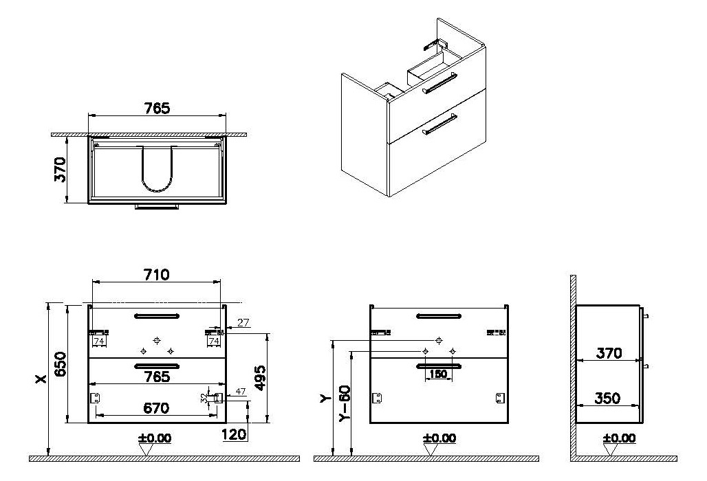 VitrA Bad Waschtisch-Unterschrank Root Flat Compact 76,5x37x65cm, 2 Vollauszüge, Korpus Anthrazit Hochglanz