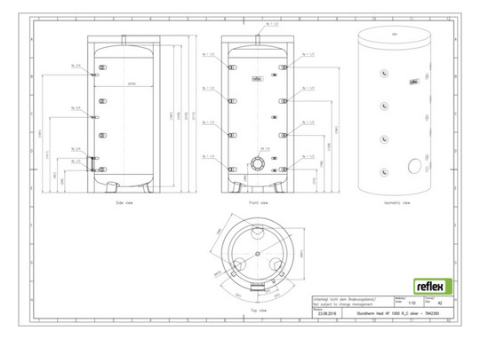 Reflex Pufferspeicher Storatherm Heat HF 1000/R_C, Ø 990 mm, 3 bar, mit Reinigungsöffnung und Isolierung, silber