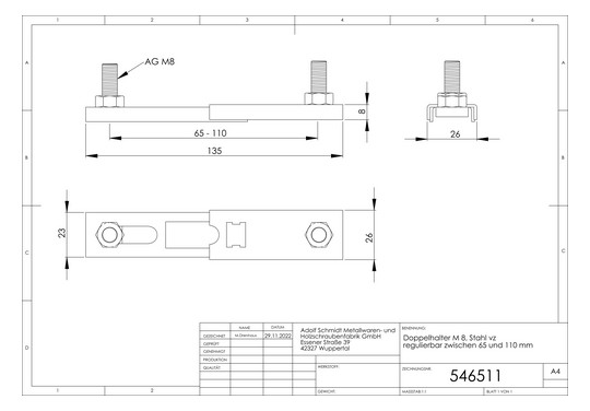 ASW Doppelhalter M 8, Stahl verzinkt, Verstellbereich 65-110 mm