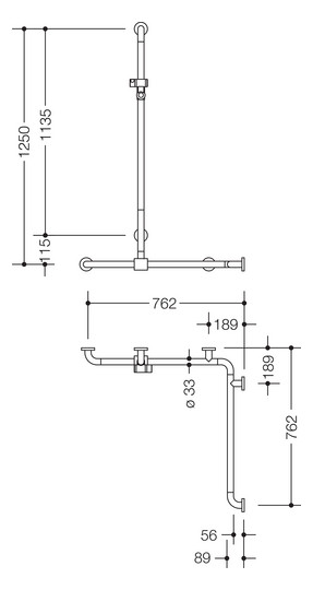 HEWI Duschhandlauf 801 762/762 x 1250 mm, reinweiß, mit Brausehalterstange