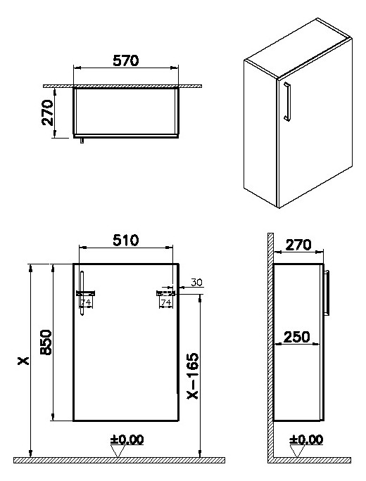 VitrA Bad Halbhochschrank Root Flat Compact 57x27x85cm, 1 Tür, Türanschlag rechts, Korpus Sahara-Beige Hochglanz