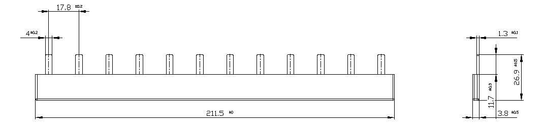 Phasenschiene 1ph 18mm 210mm 10qmm 50A Stift Isoliert