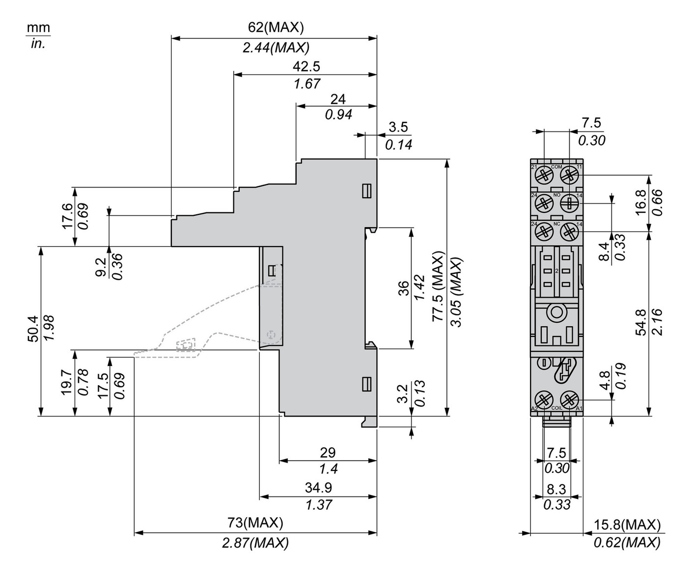 Relaissockel Schraub TS35 8Pins 15,8x77x62mm Hutschiene TH35