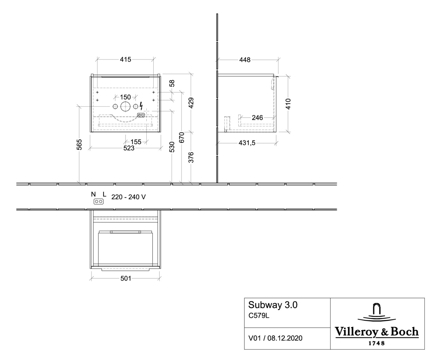 V&B Waschtisch-Unterschrank Subway 3.0 52,3x42,9x44,8cm, mit LED/Griff Volcano black, taupe