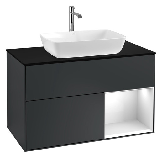 V&B Waschtisch-Unterschrank Wandbeleuchtung Finion 100cm, Abdeckplatte black matt, Regal Glossy white lacquer, Midnight Blue Matt Lacquer
