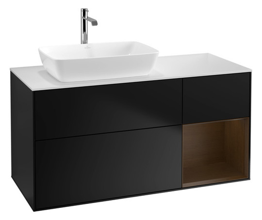 V&B Waschtisch-Unterschrank Finion 120cm, Abdeckplatte white matt, Regal Walnut Veneer, Black matt lacquer
