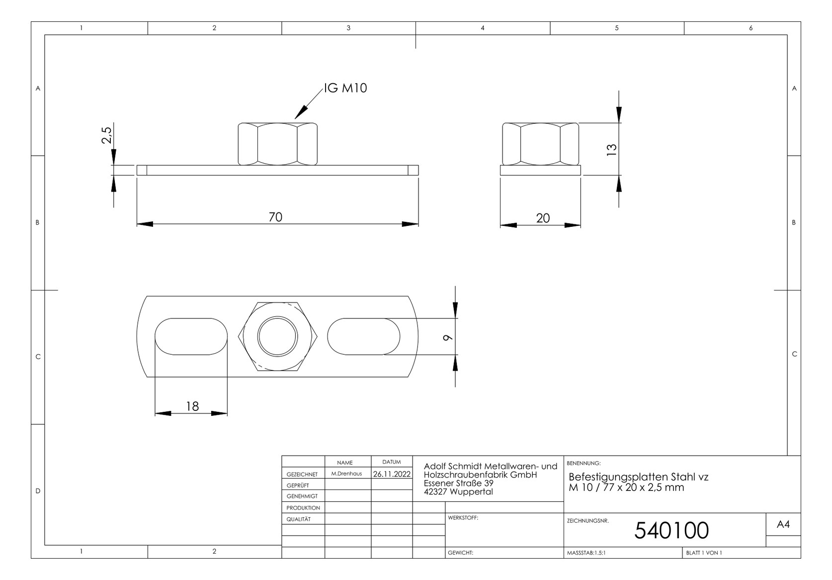 ASW Befestigungsplatte 77 x 25 x 2 mm, M10, Stahl verzinkt