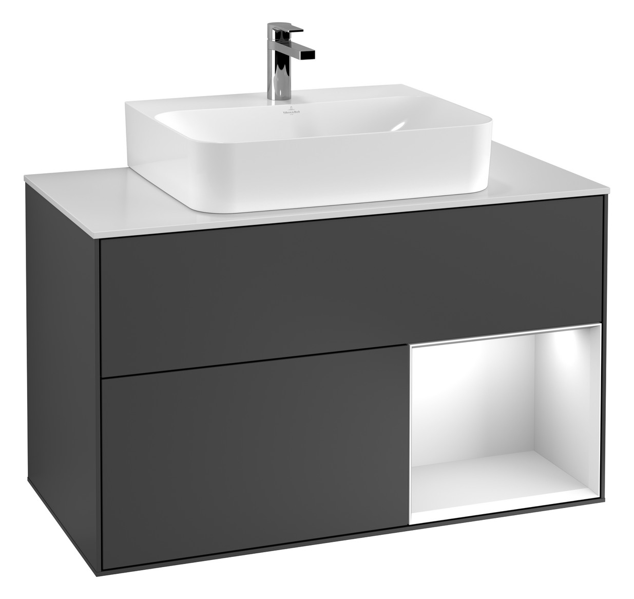 V&B Waschtisch-Unterschrank Wandbeleuchtung Finion 100cm, Abdeckplatte black matt, Regal rechts Midnight Blue Matt Lacquer, Oak Veneer