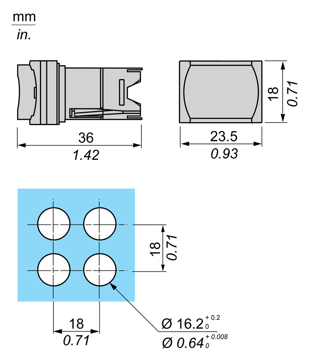 Drucktaster Front 1f ws bel.b Ø16mm IP65 rechteck Geeignet für Beleuchtung
