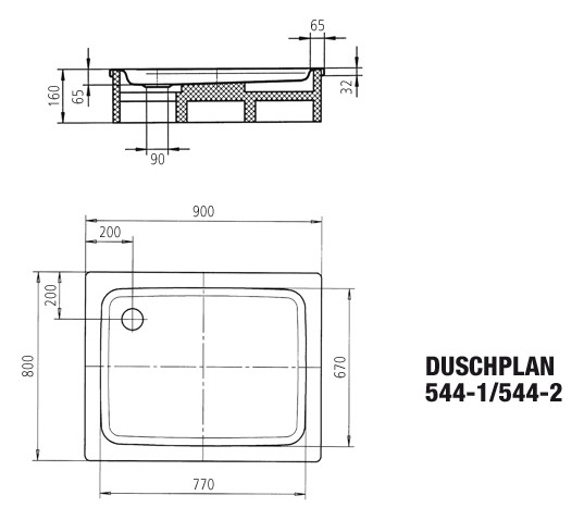 Kaldewei Duschwanne DUSCHPLAN 544-2 80x90x6,5cm, mit Träger, schwarz