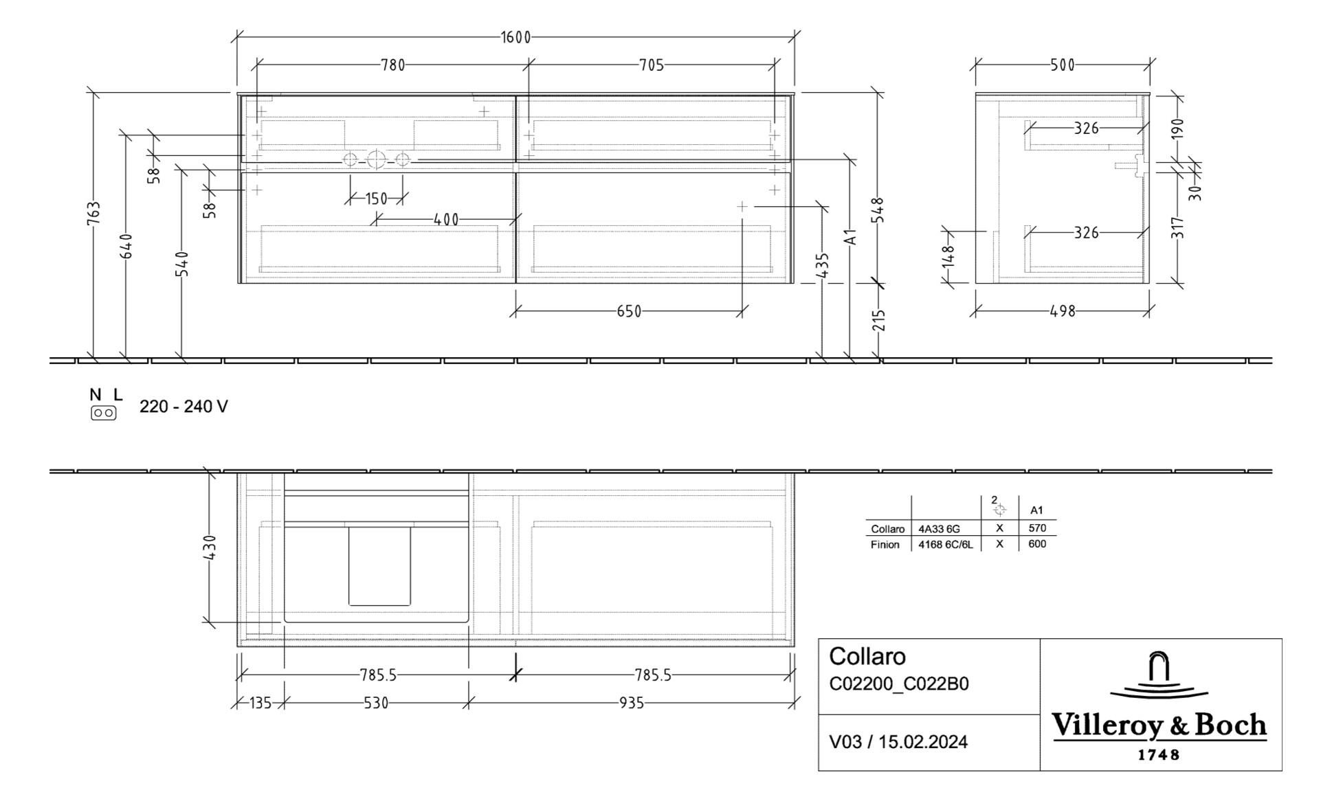 V&B Waschtischunterschrank Collaro 160x54,8x50cm, Waschtisch links, LED-Beleuchtung 12W, arizona oak