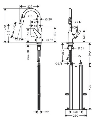 hansgrohe Spültisch-Einhebelmischer 220 Focus M42 mit Ausziehbrause, 2jet, sBox, Edelstahl-Optik