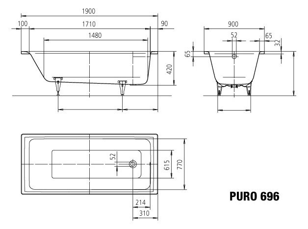 Kaldewei Badewanne PURO 696 190x90cm, Antislip Perl-Effekt, weiß