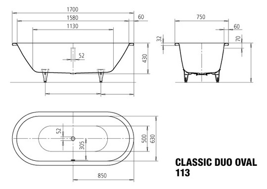 Kaldewei Badewanne CLASSIC DUO oval 113 170x75cm, Vollantislip, bahamabeige