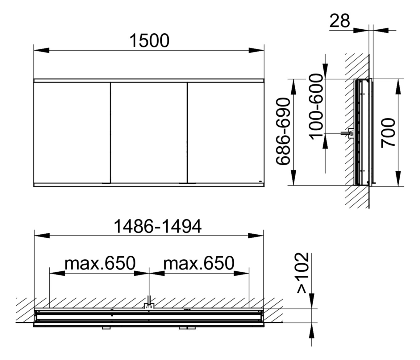 KEUCO Spiegelschrank Royal Modular 2.0 DALI 1500 x 700 x 120 mm, 2 Steckdosen, Wandeinbau, 3 Türen, beleuchtet