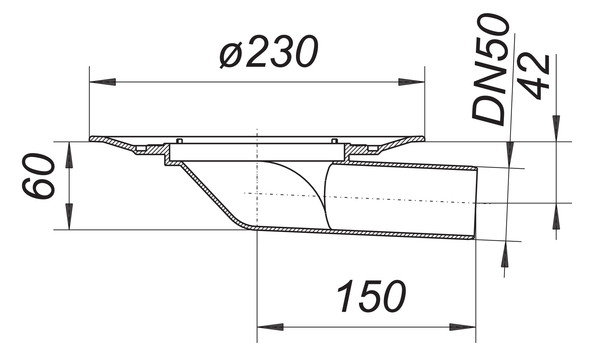Dallmer Balkonablaufgehäuse 83 DN 50, Ablaufstutzen seitlich, 3° abgewinkelt