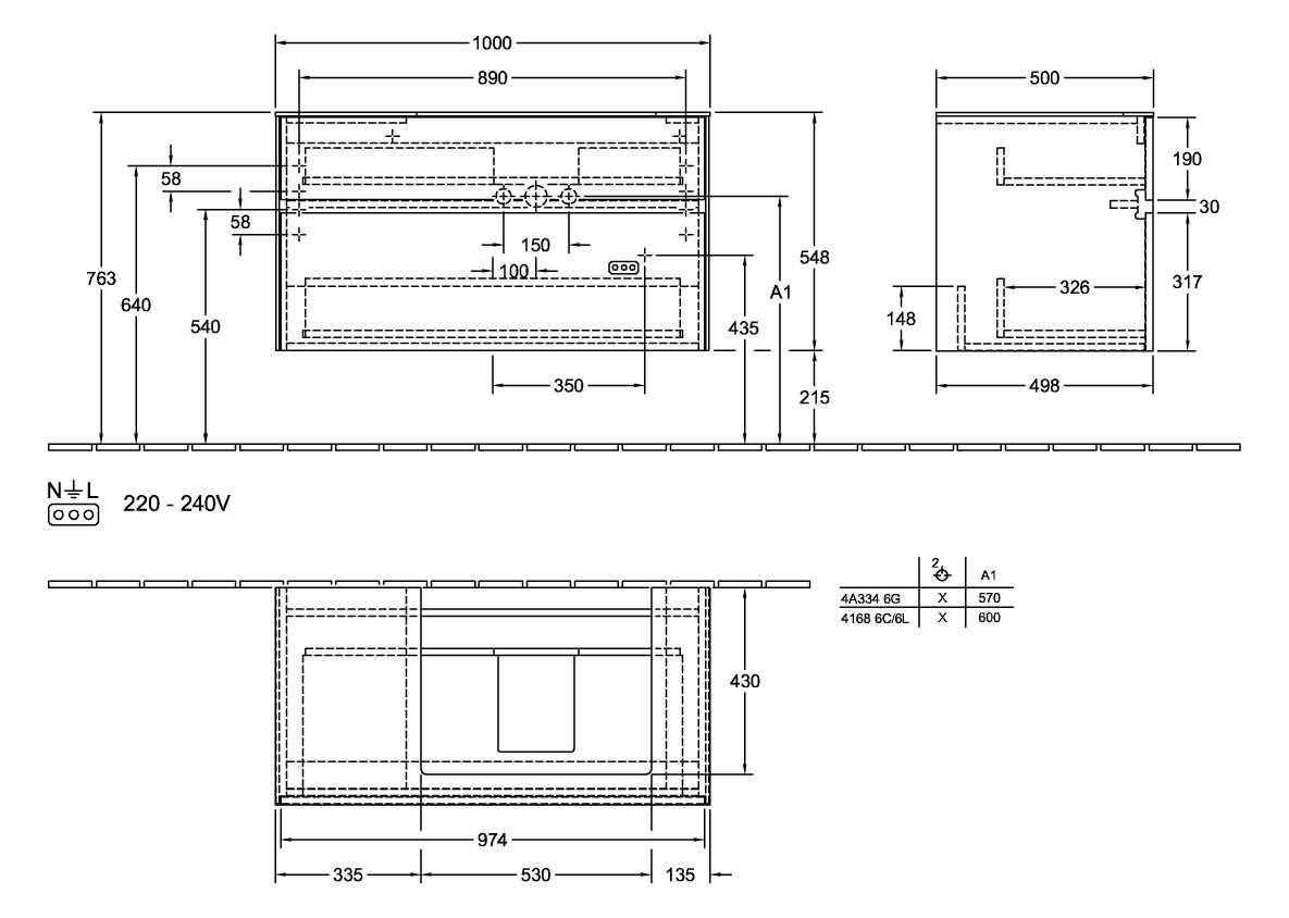 V&B Waschtischunterschrank Collaro 100x54,8x50cm, Waschtisch rechts, LED-Beleuchtung 7,3 W, black matt laquer