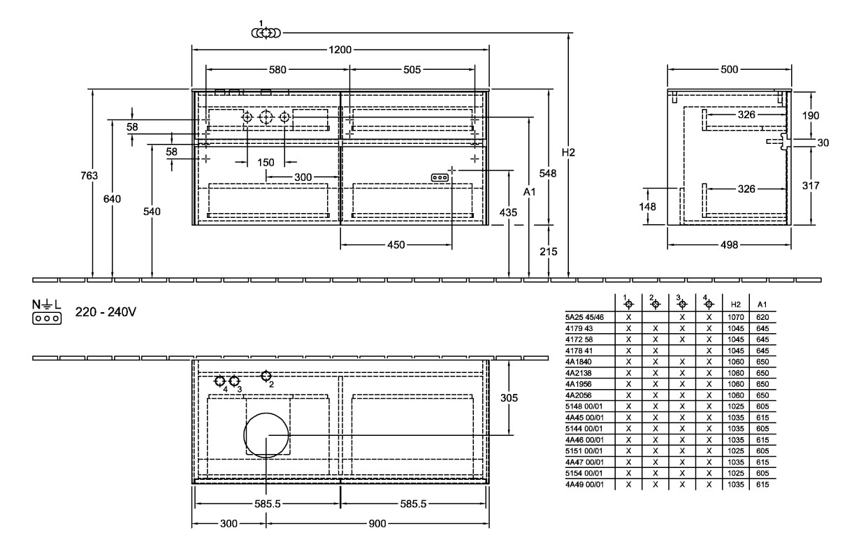 V&B Waschtischunterschrank Collaro 120x54,8x50cm, Waschtisch links, LED-Beleuchtung 8,8 W, truffle grey