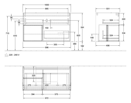 V&B Waschtisch-Unterschrank Finion 100cm, Abdeckplatte black matt, Regal links Oak Veneer, Black matt lacquer