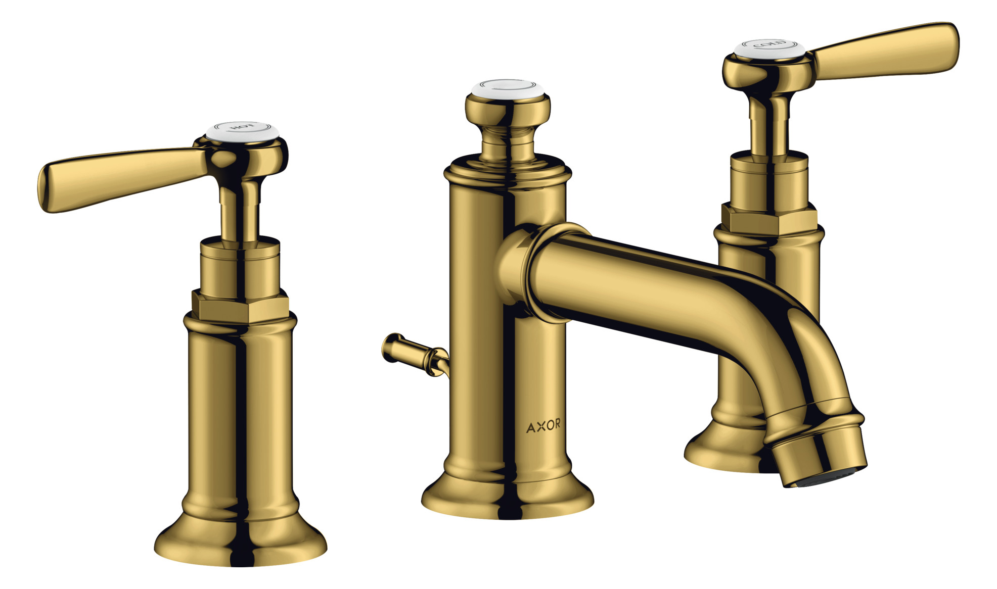 hansgrohe 3-Loch-Waschtischarmatur 30 Axor Montreux Ausladung 143mm, mit Hebelgriffe, Zugstangen-Ablaufgarnitur, polished gold optic