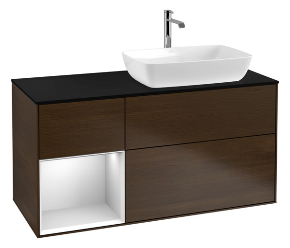 V&B Waschtisch-Unterschrank Finion 120cm, Abdeckplatte black matt, Regal White matt lacquer, Walnut veneer