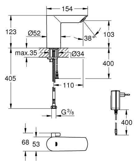 GROHE Infrarot-Waschtisch-Armatur Bau Cosmopolitan E 1/2", mit Mischung, Temperaturbegrenzer, Netzbetrieb, chrom