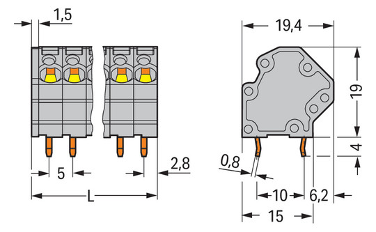 Printklemme 2f 1re gr Serie 745 RM=5 Federzuganschluss/Lötanschluss 0,25-4qmm