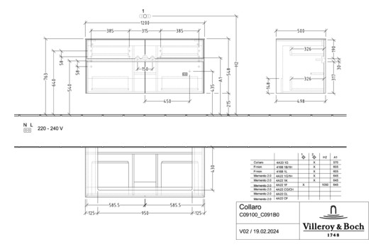 V&B Waschtischunterschrank Collaro 120x54,8x50cm, Waschtisch mittig, stone oak