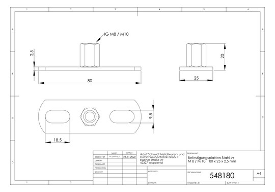 ASW Befestigungsplatte 80 x 30 x 3 mm, M8/M10, Stahl verzinkt