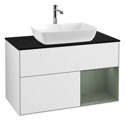 V&B Waschtisch-Unterschrank Wandbeleuchtung Finion 100cm, Abdeckplatte black matt, Regal Olive matt lacquer, Glossy white lacquer