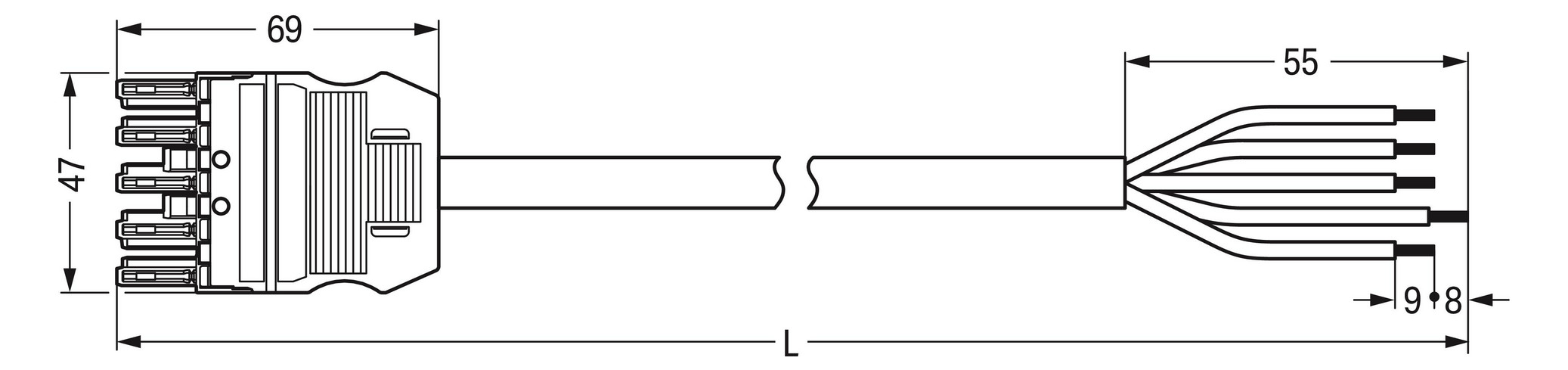Systemverbindung 5p Serie 771 H05Z1Z1-F 5x2,5qmm L6000mm sw Buchse fr.Ende hfr