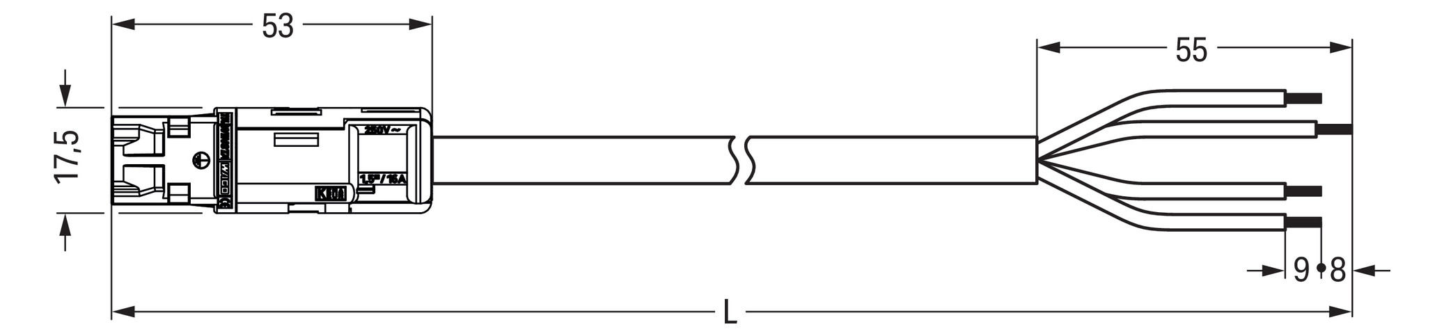 Systemverbindung 4p Serie 774 H05VV-F sw 1,5qmm 4x1,5qmm L8000mm Stecker fr.Ende