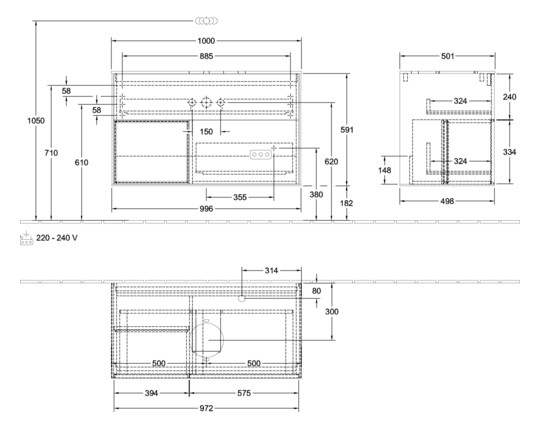 V&B Waschtisch-Unterschrank Finion 100cm, Abdeckplatte black matt, Regal Glossy white lacquer, Peony Matt