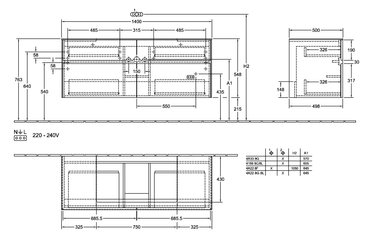 V&B Waschtischunterschrank Collaro 140x54,8x50cm, Waschtisch mittig, LED-Beleuchtung 10,4 W, white wood