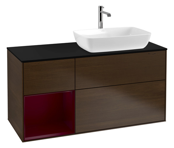 V&B Waschtisch-Unterschrank Finion 120cm, Abdeckplatte black matt, Regal Peony matt lacquer, Walnut veneer