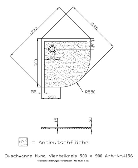 Hoesch Mineralguss-Viertelkreis-Duschwanne Muna 90 x 90 x 3 cm, weiß matt, Solique, Antirutsch
